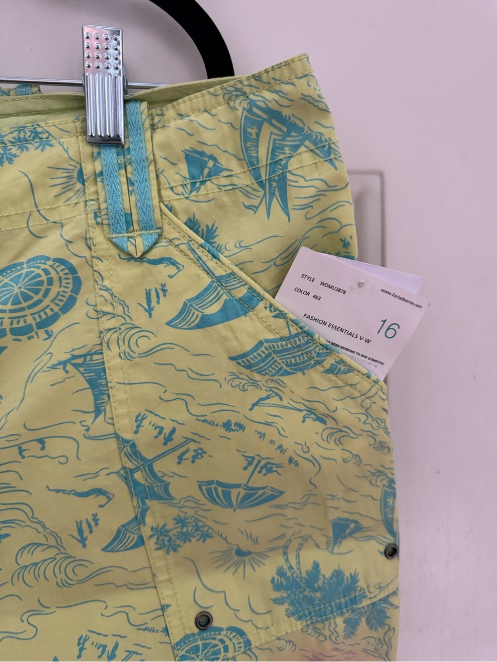 Liz Claiborne Yellow Shorts with Teal Tropical Print - Picture 3 of 6